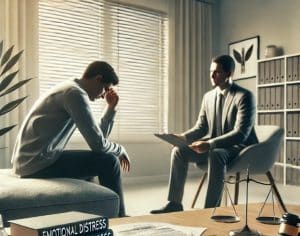 Emotional Distress2 A person visiting a therapist in a therapist's office has their head resting in their hand. A therapist looks on at them while seated in a chair in front of them. Image created using AI.