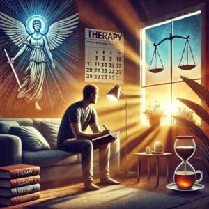 Emotional Distress3 A person sitting on a couch writing in a book, scales of justice are in the background, the word 'therapy' is in the background. and there is an hourglass in the foreground. Image created using AI.