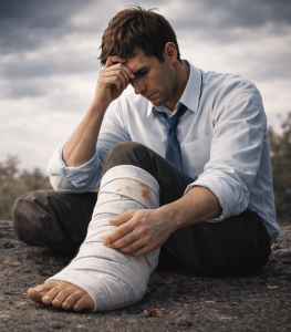 Pain and Suffering cropped A man fills the frame of the image, he looks sad, he is injured with his leg bandaged up (AI generated image)