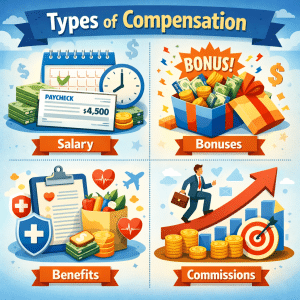 Types of Income Compensation Types of Income Compensation are shown with associated imagery, Salary, Bonuses, Benefits, and Commissions (AI generated image)