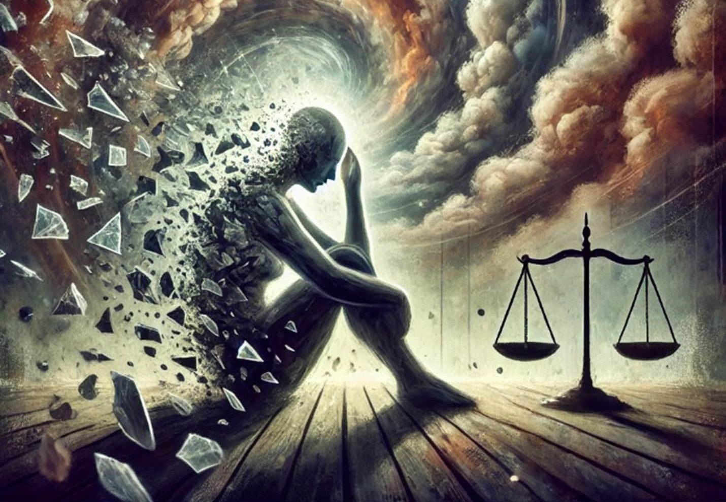 Emotional Distress1 A figure of a human sitting on a floor, glass and a stormy sky swirls all around them. The scales of justice sit on the floor next to the figure. Image created using AI.